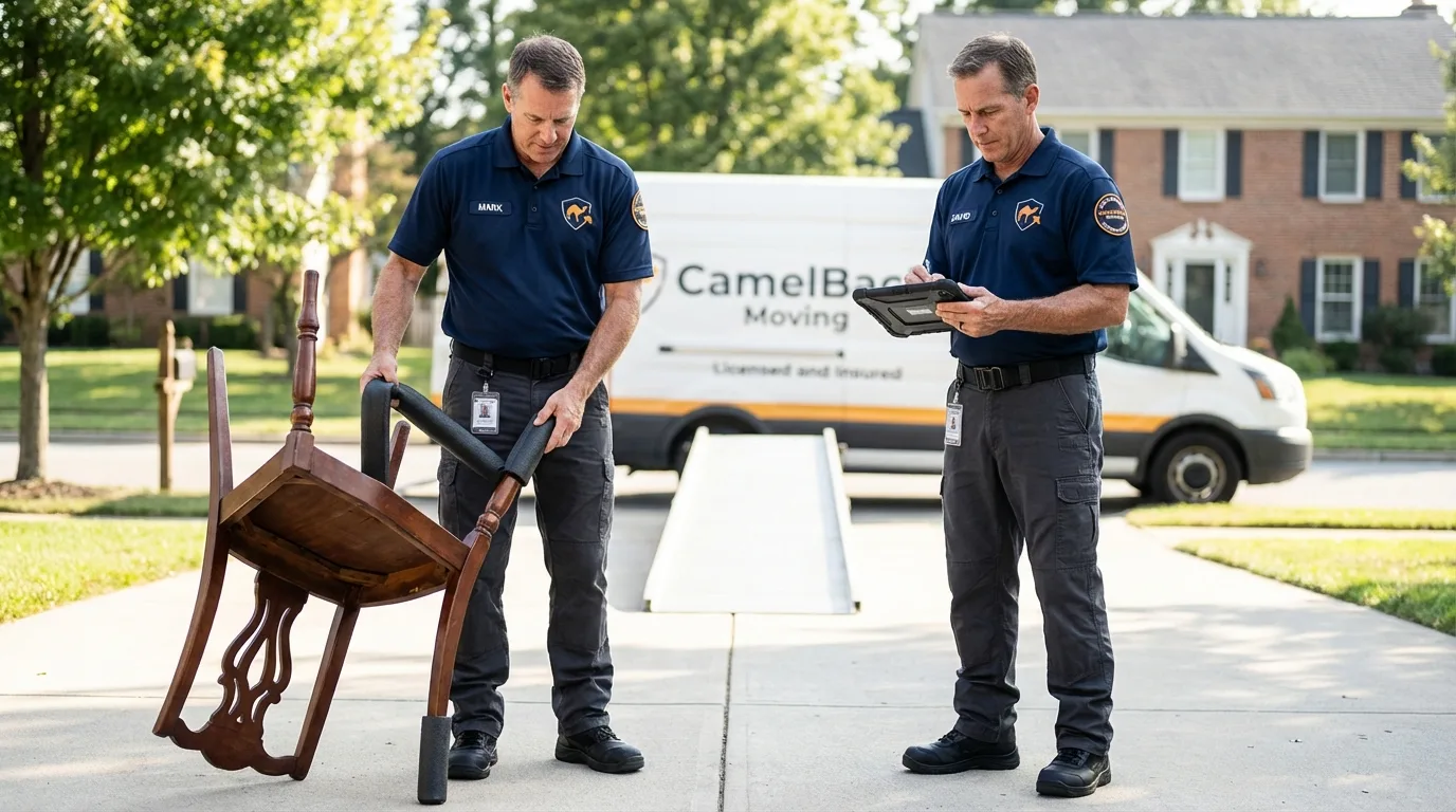 Movers inspecting furniture for damage prevention before loading in Wenonah, NJ