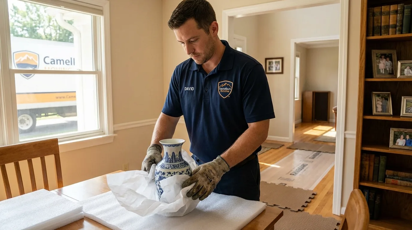 Professional crew carefully wrapping antique vase for senior downsizing move in Wenonah, NJ